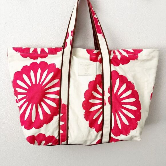 American Eagle Outfitters Handbags - AMERICAN EAGLE | Cream Hot Pink Tote Bag Flower Yellow Interior Brown | XL